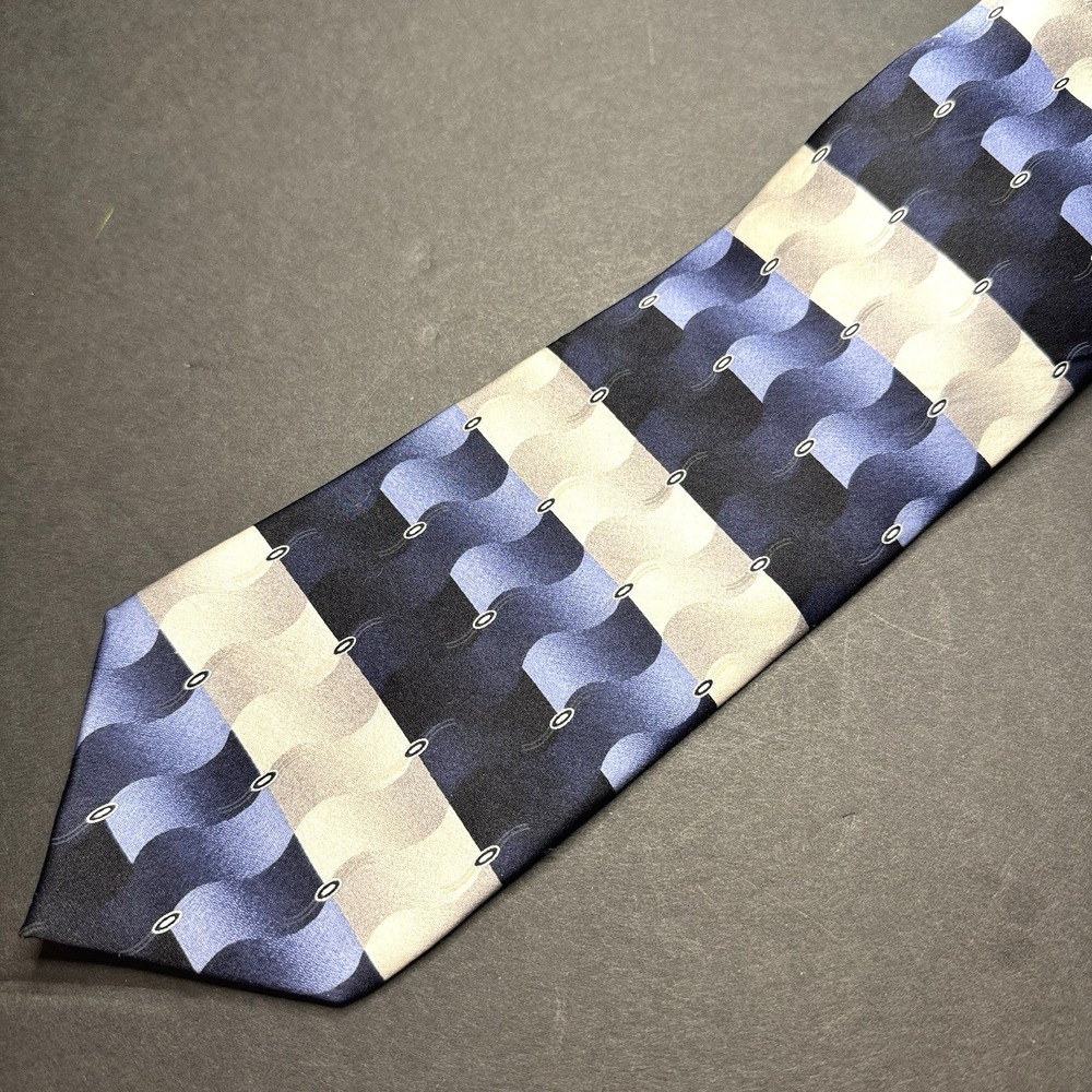 Bergamo New York Abstract Geometric Blue Black White Block Stripe Silk Tie